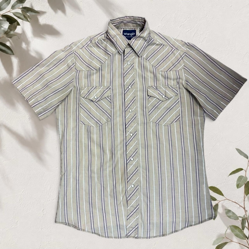 Wrangler Vintage Western Pearl Snap Shirt Beige Blue Striped Short Sleeve Mens M